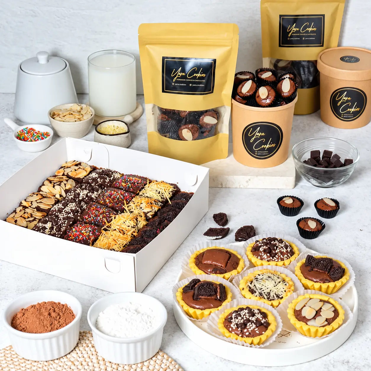 Yara Cookies product collection — cookie cups, brownie box and pie tarts
