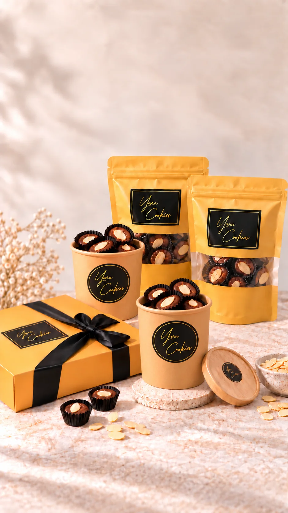 Assorted Yara Cookies gift boxes, pouches and chocolate cups displayed together