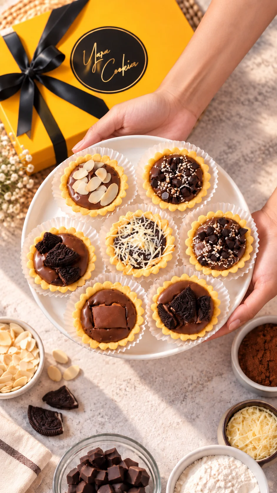 Hands presenting a plate of assorted Yara Cookies chocolate tarts
